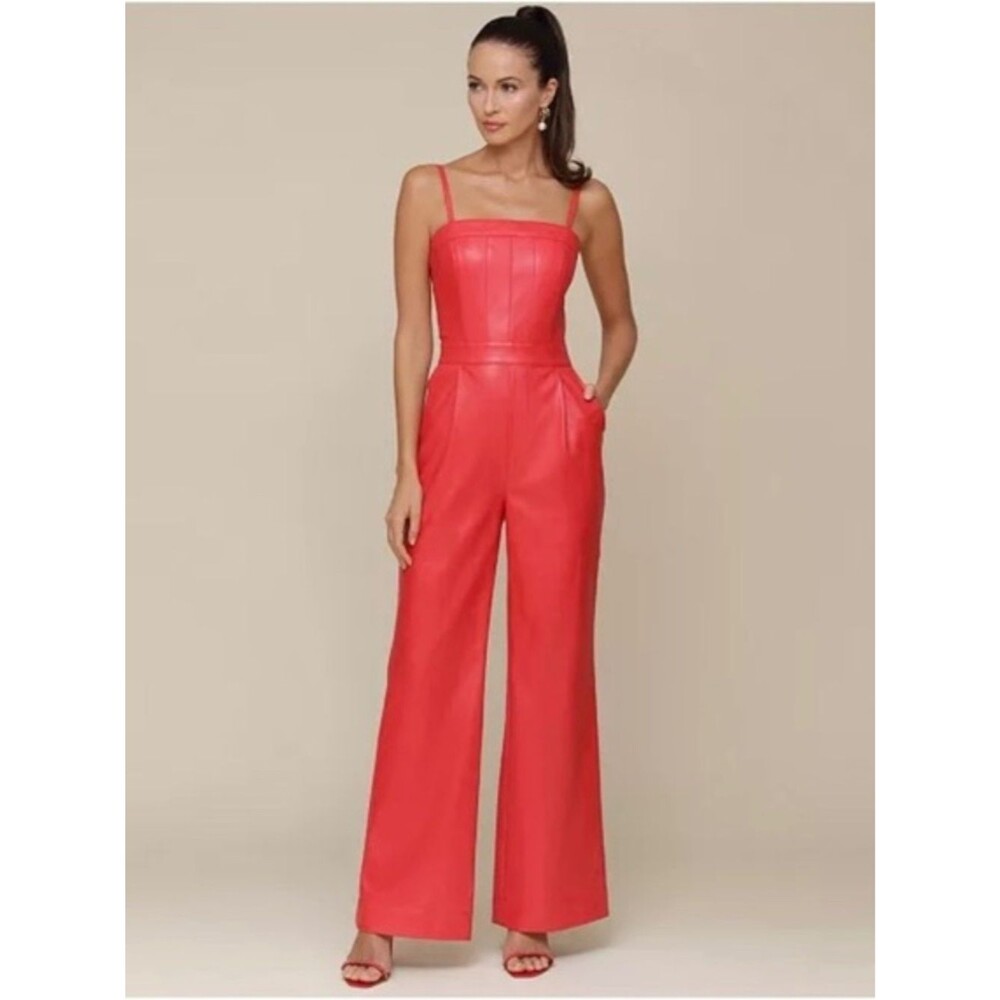 New! AVEC LES FILLES Faux Leather Wide Leg Jumpsuit - Red | Size XS